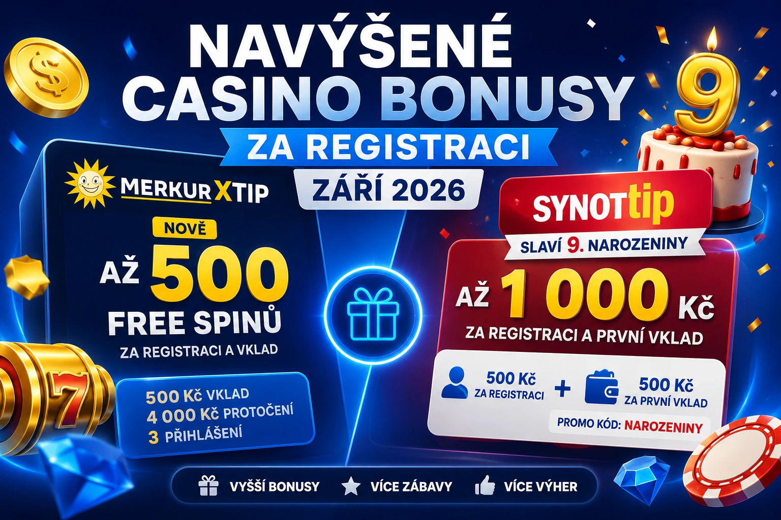 Navýšené casino bonusy za registraci září 2026